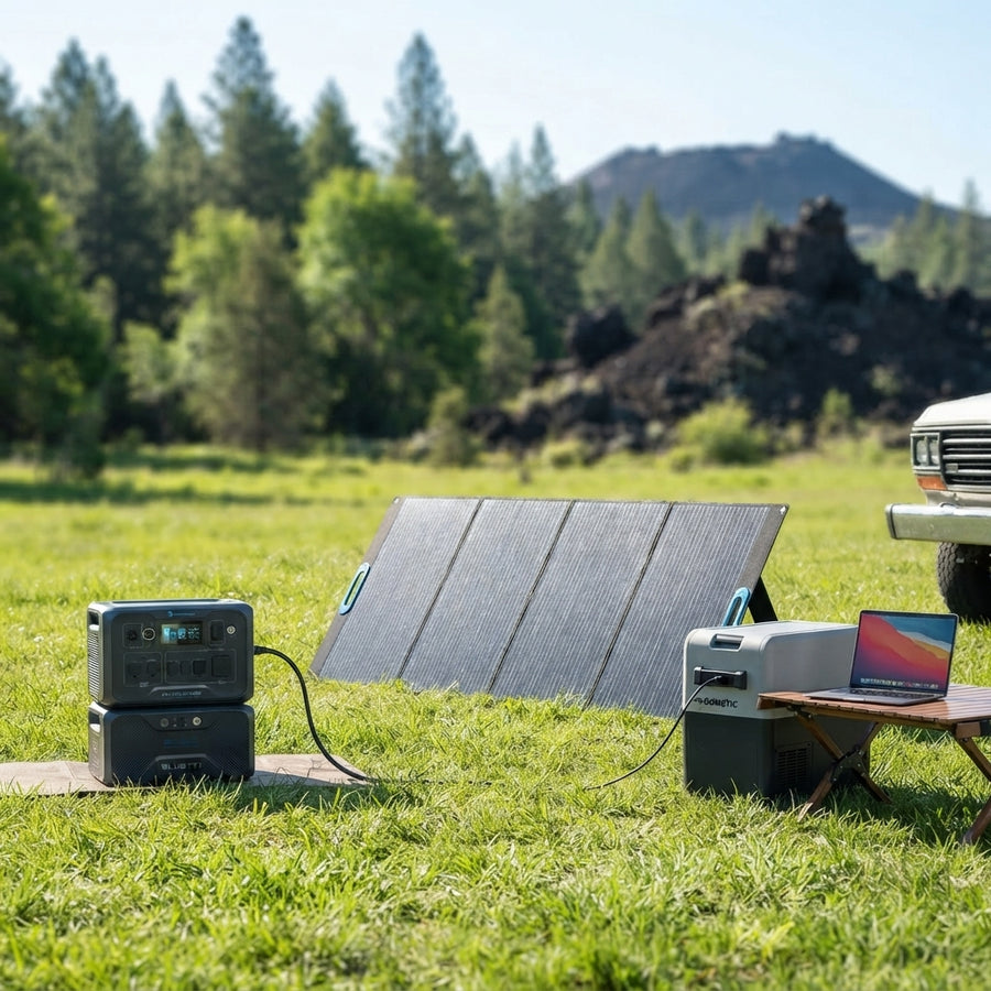 A BLUETTI 350W solar panel connected to a power station charging a laptop and mini-fridge in a sunny outdoor setting.