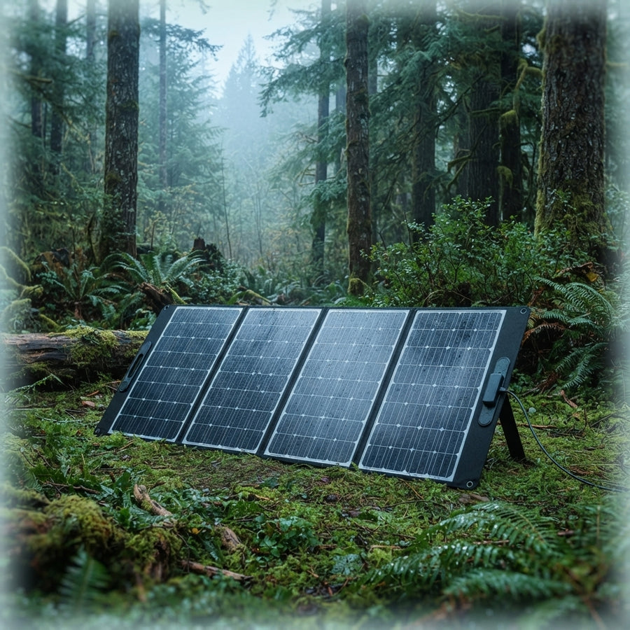 BLUETTI PV350 solar panel unfolded on a forest floor under overcast skies demonstrating energy collection efficiency.