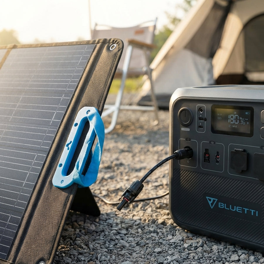 Close-up of MC4 solar cables connecting a BLUETTI PV350 solar panel to a portable power station in an outdoor setting.