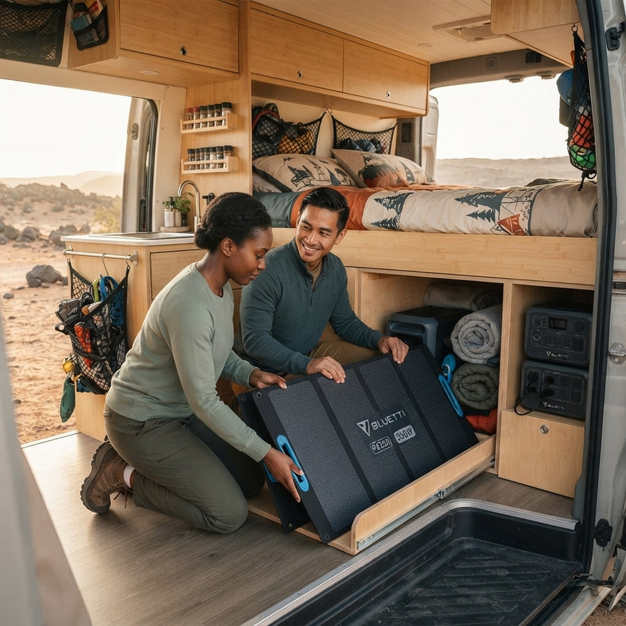 A person folding a compact BLUETTI PV350 solar panel to store it under a camper van bed platform.